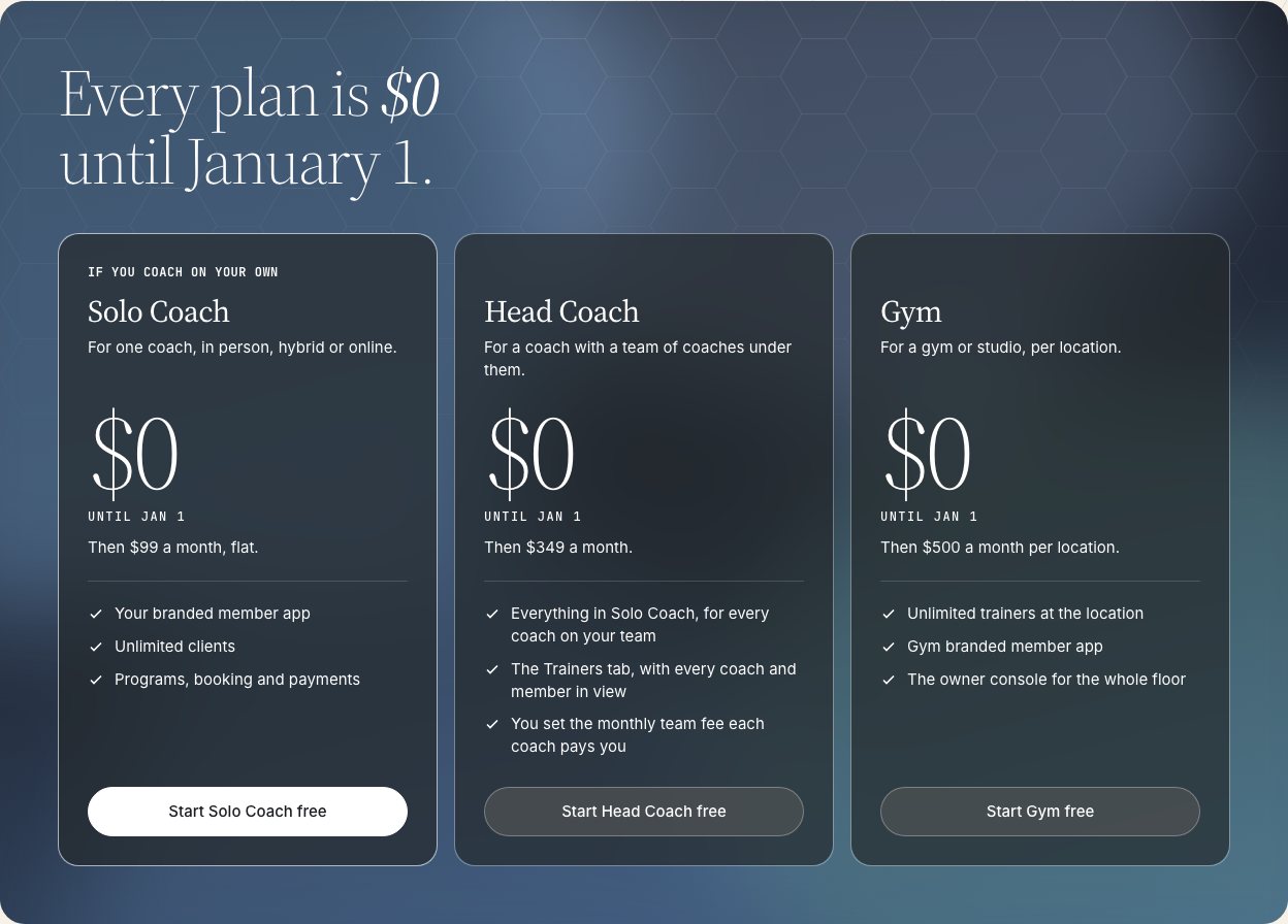 The three MARROW2026 plans: Solo Coach, Head Coach and Gym, each $0 until January 1.