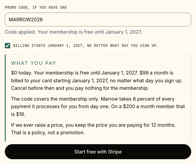 The Marrow signup form with MARROW2026 applied and the box ticked that says billing starts January 1, 2027.