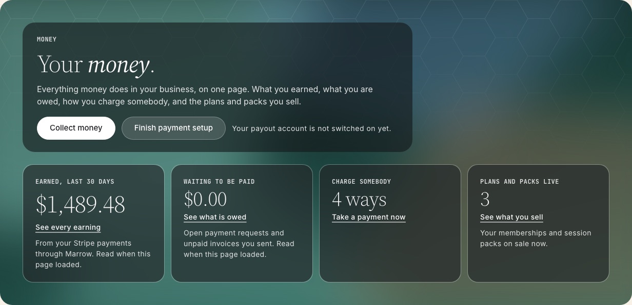 The Money page in the Marrow coach dashboard with the Finish payment setup button.