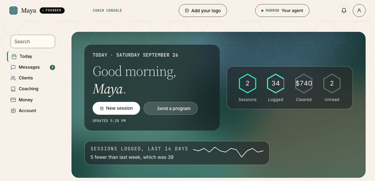 The Marrow coach dashboard with Add your logo, Send a program, and Clients in the menu.