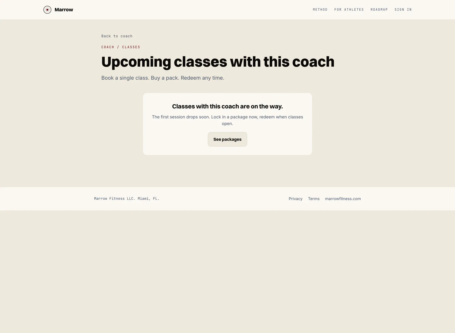 Public class calendar on marrowfitness.com. Book a single class, buy a pack, or redeem an existing pack.