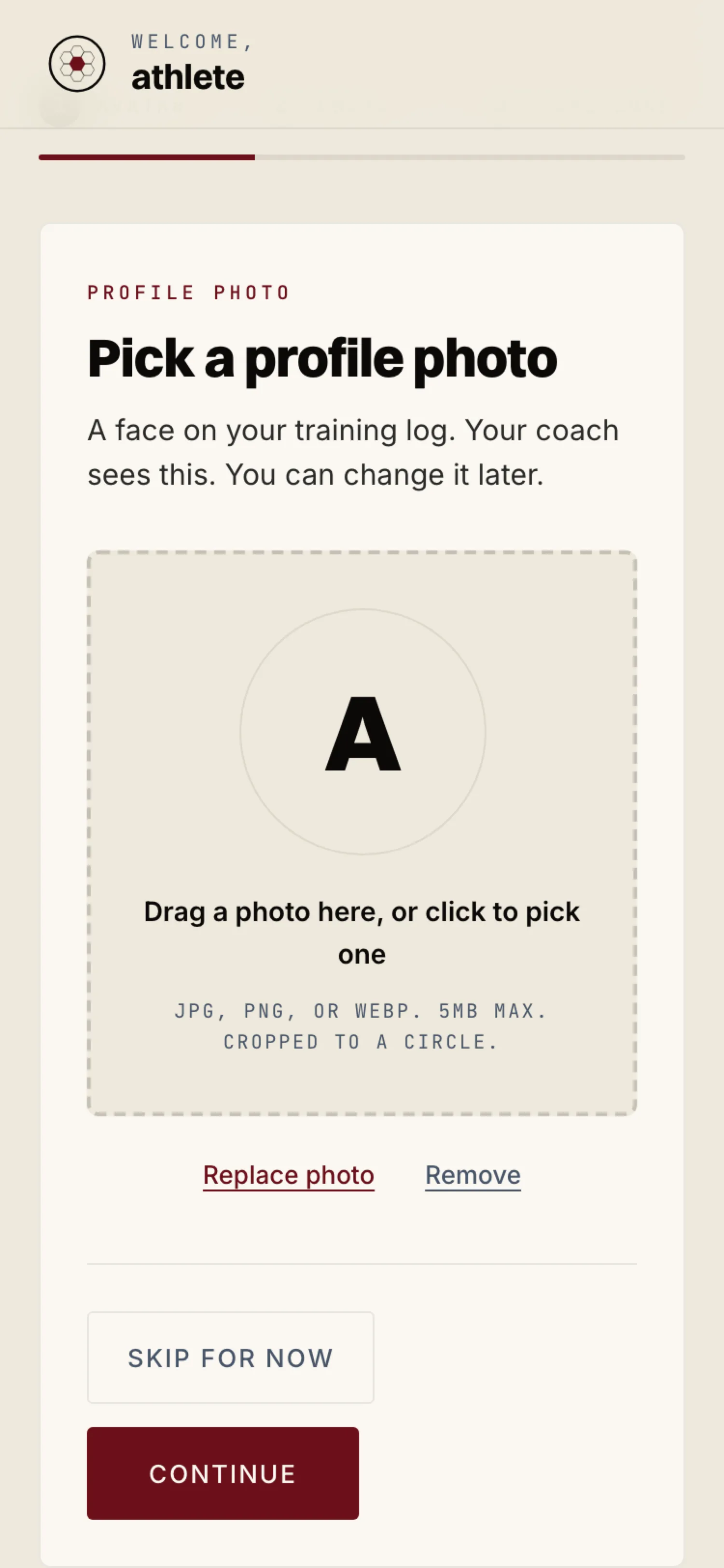 Athlete onboarding wizard rendered on mobile. Goals, schedule, equipment, units.