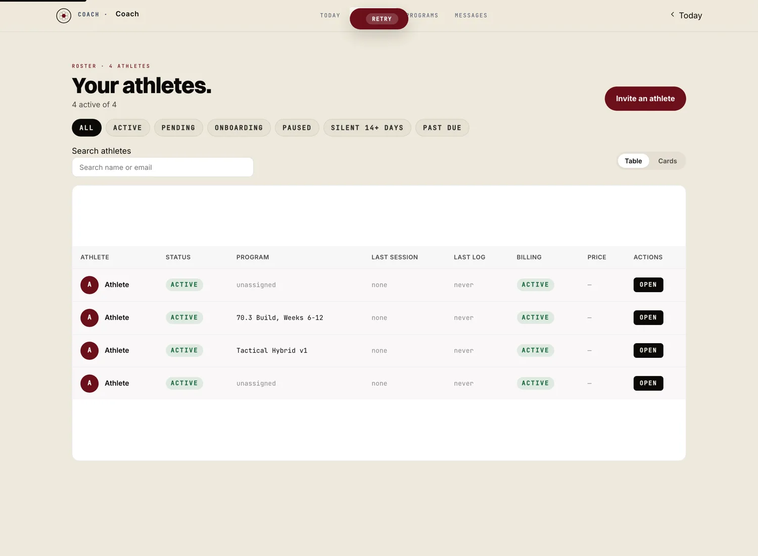 Athletes panel with the invite athlete button visible in the top right.