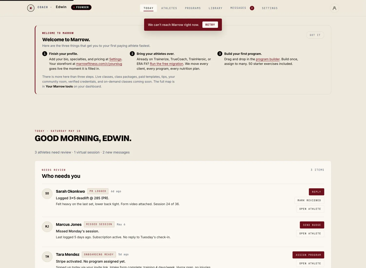 Coach dashboard. Billing and payout method updates happen through the Stripe portal linked from the dashboard.