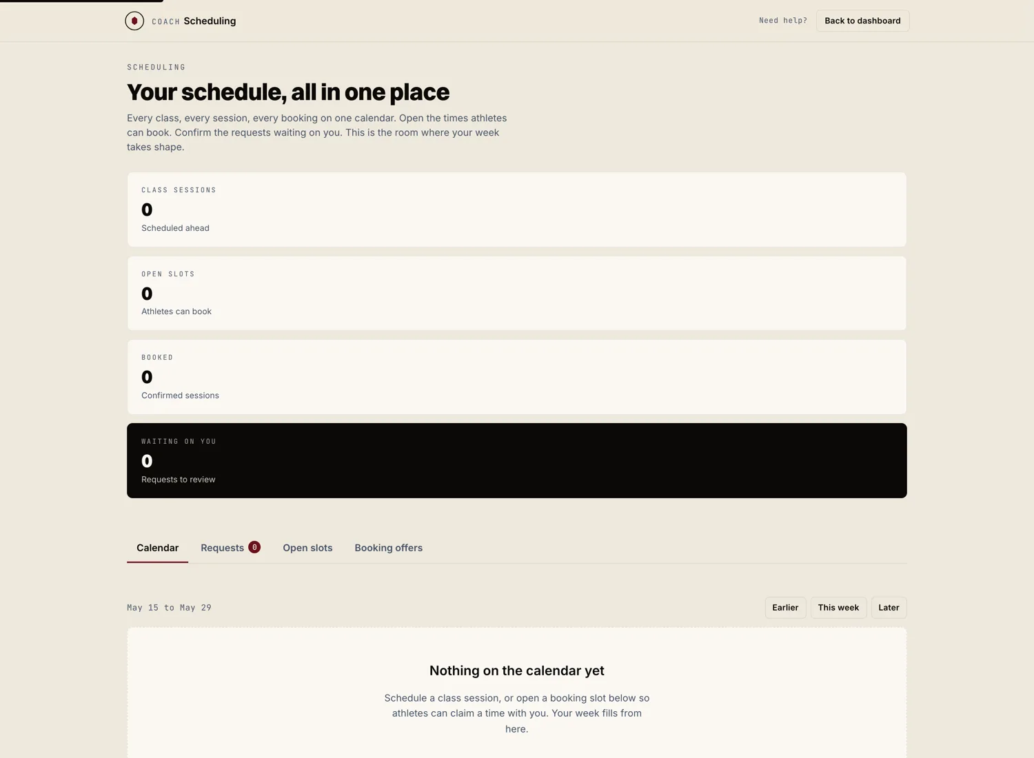 Unified coach calendar, shown on a fresh demo coach account. Sessions, live classes, and bookings sit together in one view.