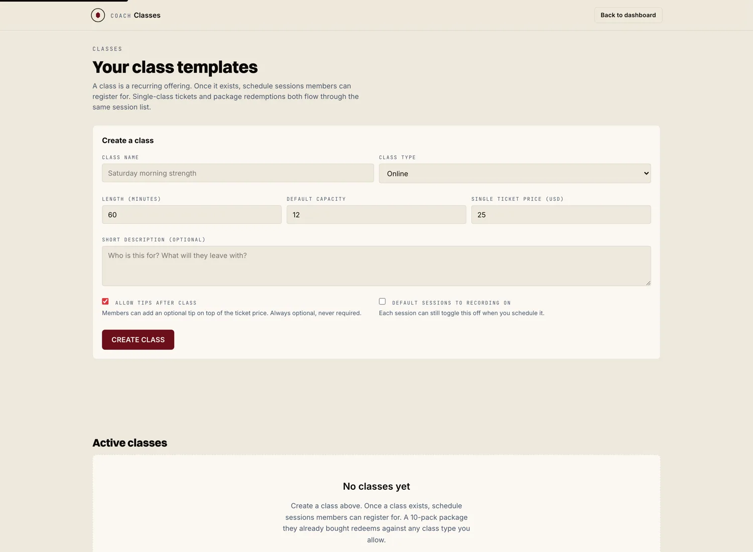 Create a class panel inside the coach dashboard, shown on a fresh demo coach account. Name, format, capacity, and schedule for a new live class.