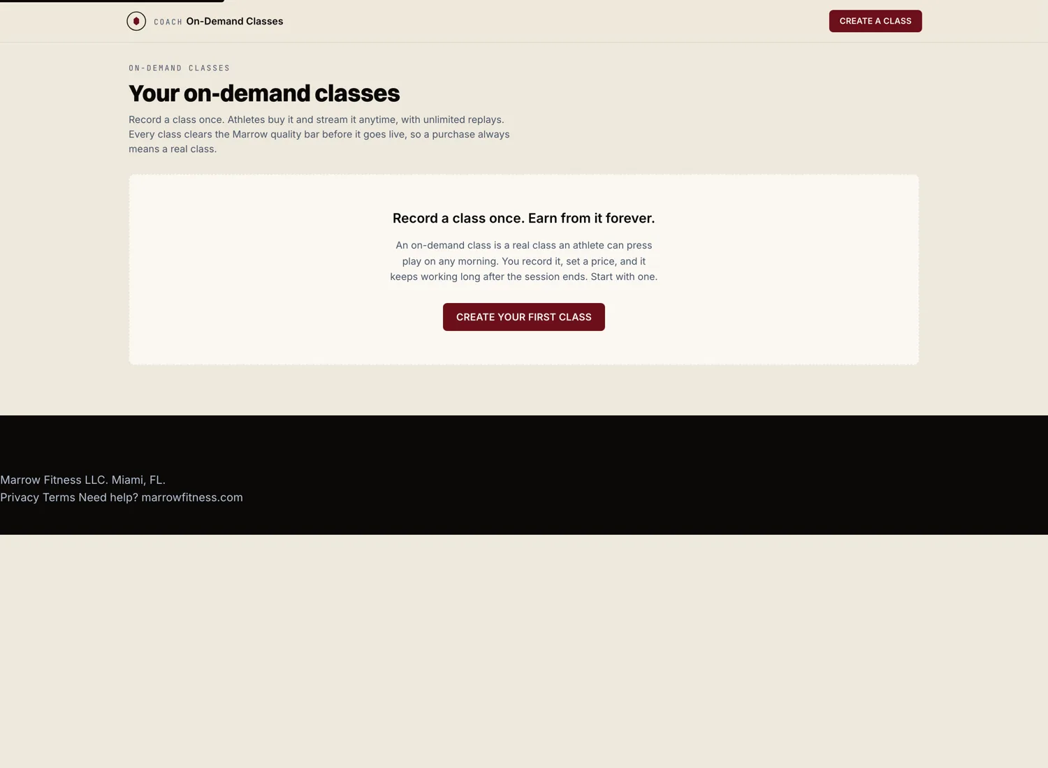 On-Demand Classes surface inside the coach dashboard, shown on a fresh demo coach account. Where a coach records, prices, and publishes a class.