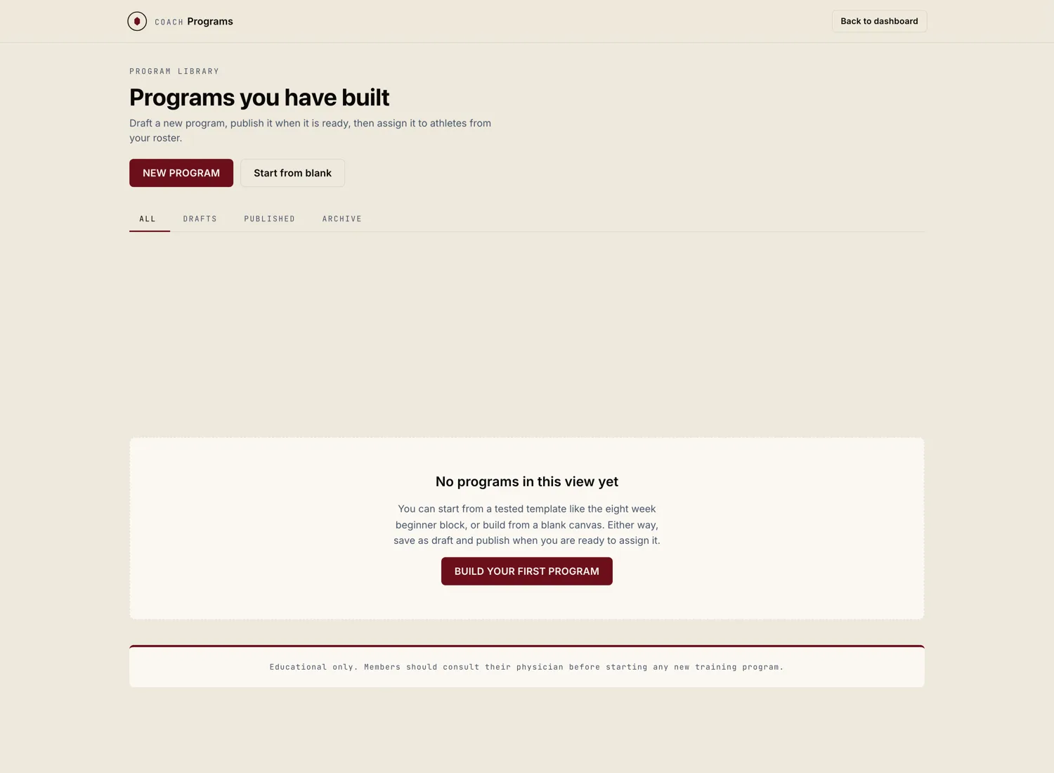 Assign program dialog from the athlete panel. Pick a program, pick a start date, send.