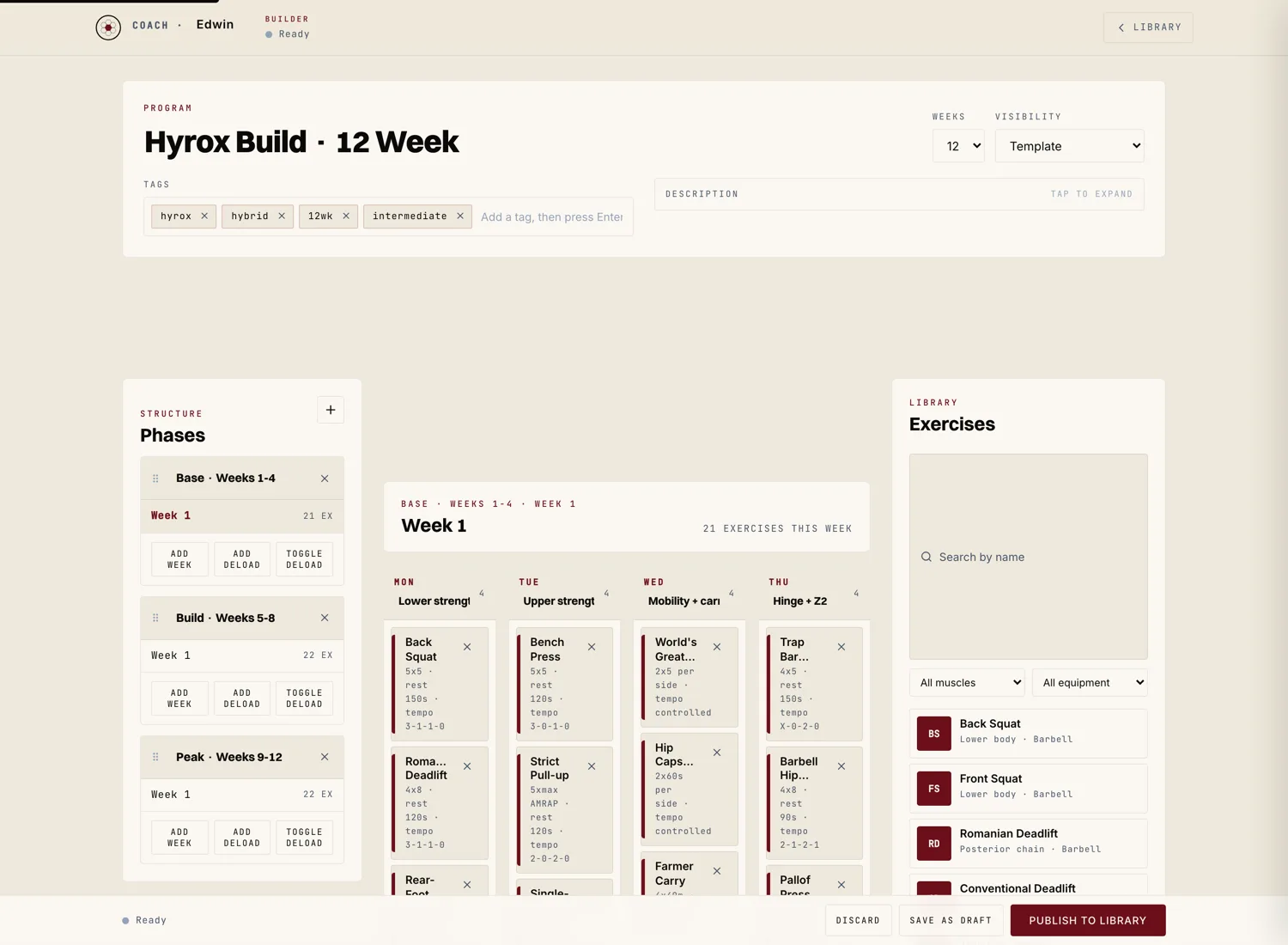 Program builder with sessions and blocks populated across a week.