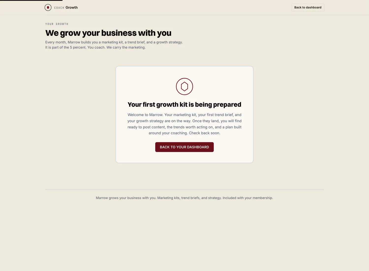 Growth dashboard inside Marrow, shown on a fresh demo coach account. The referral program shares your coach link from here. Referral rewards apply to the account once a referred coach joins.