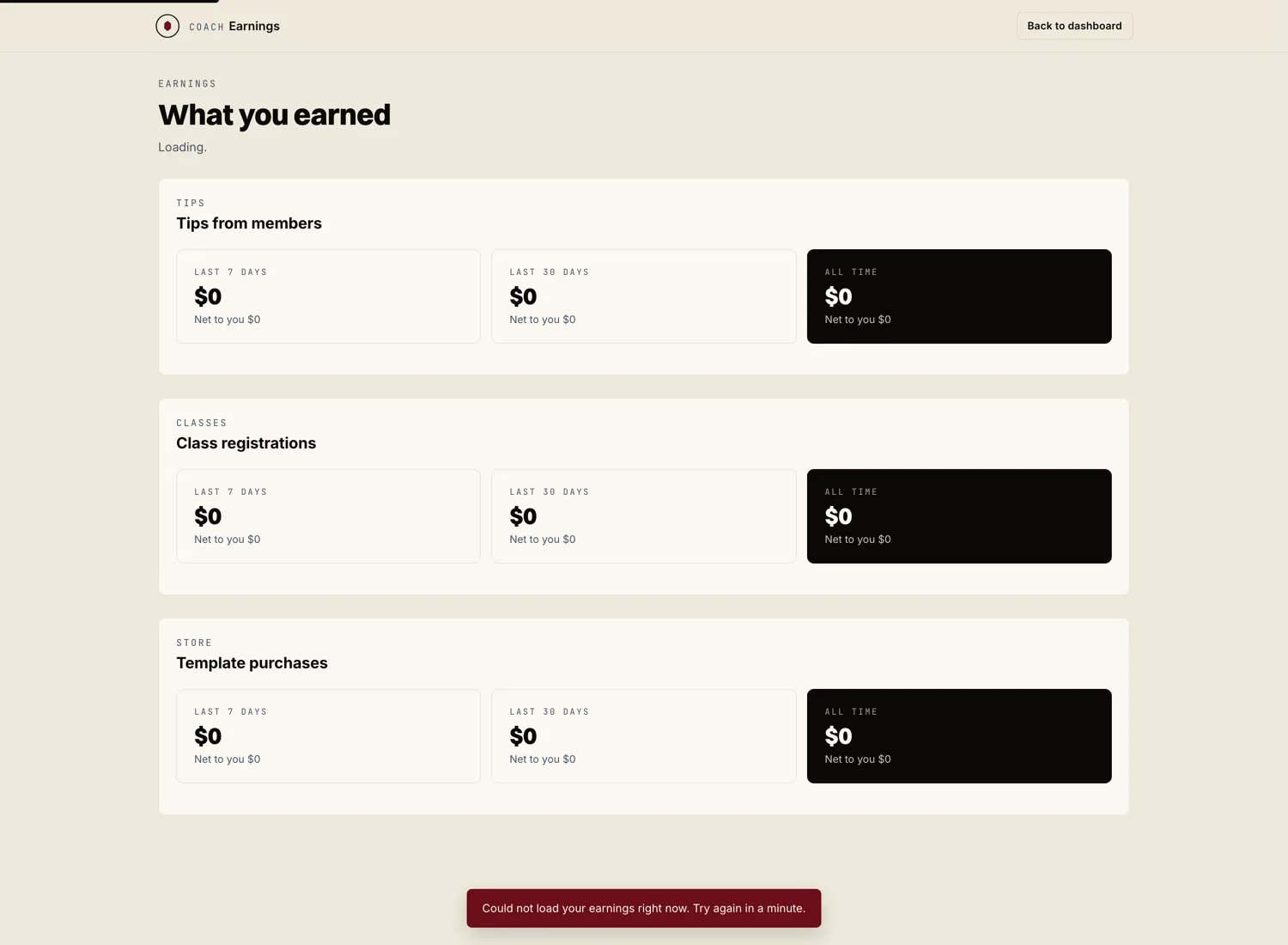 Earnings page inside Marrow. Refunds are issued from the Stripe dashboard. Earnings here reflect every charge and reversal.