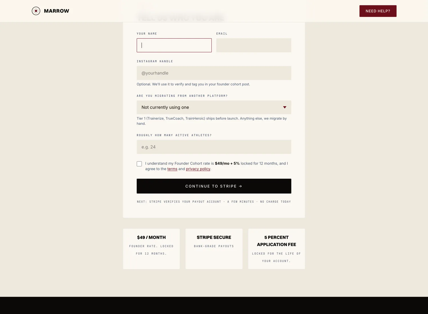 Stripe Connect handoff button on the coach onboarding flow.