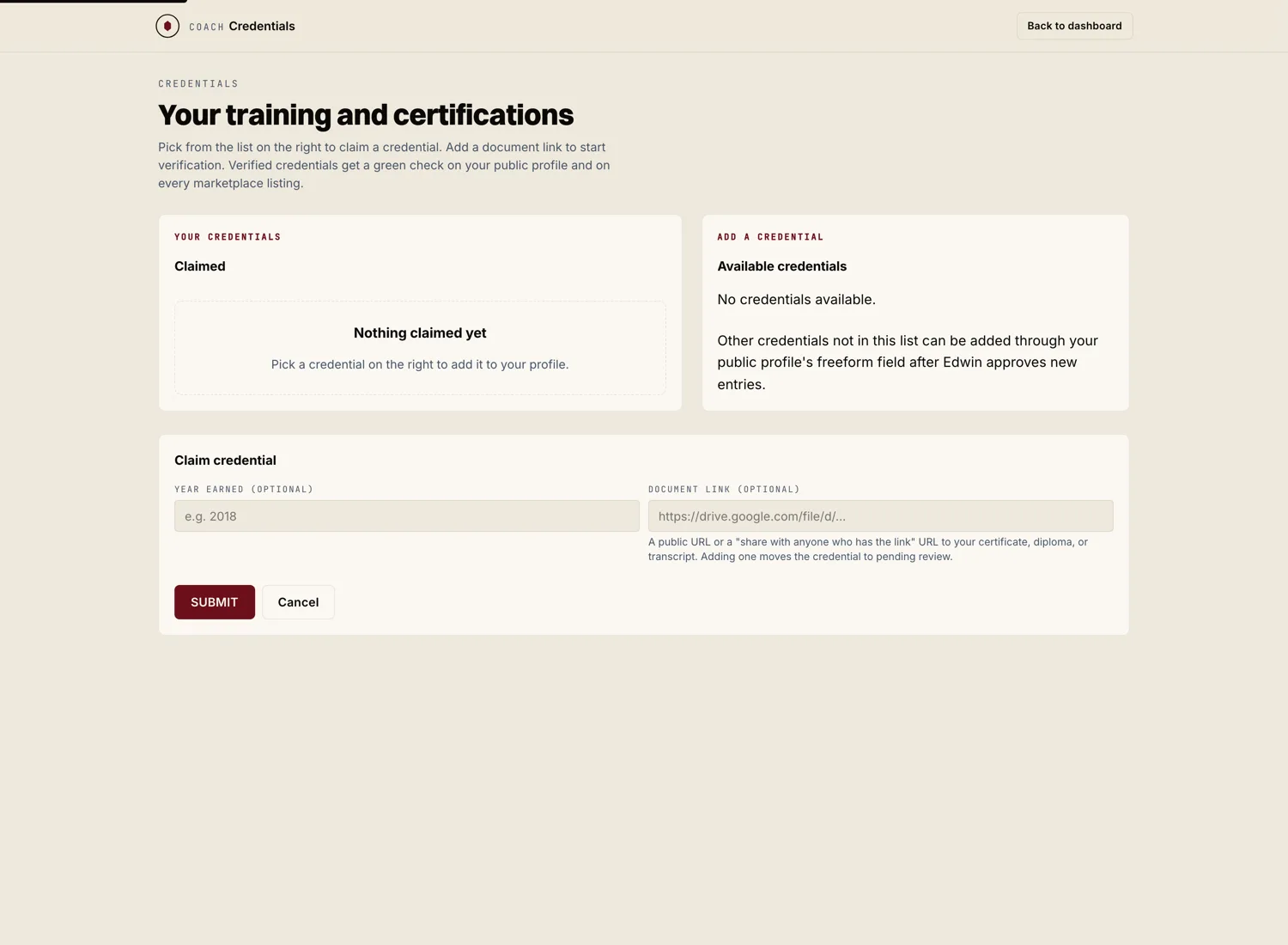 Credentials surface inside the coach dashboard, shown on a fresh demo coach account. Claim a certification, add a document link, and start verification.