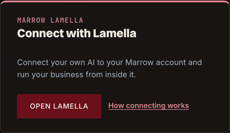 The Connect with Lamella card in the Marrow coach dashboard, with an Open Lamella button and a link explaining how connecting works.