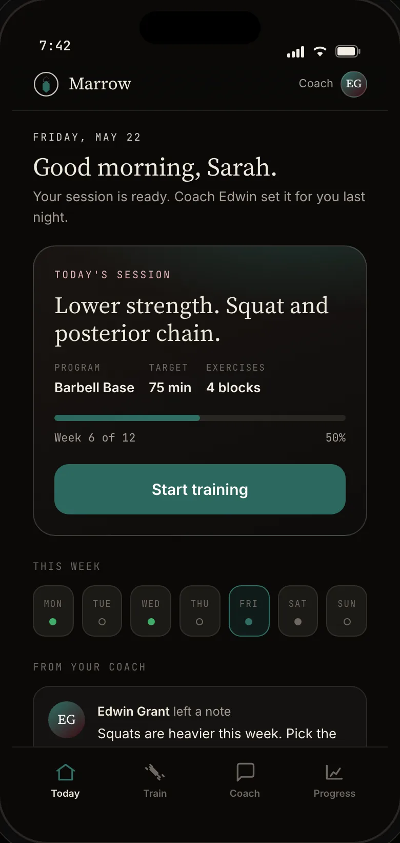 The member app on a phone with sample data: today's session, the week, and a note from the coach.
